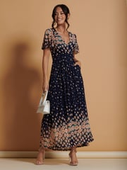 Jolie Moi Navy Blue Mirrored Mesh Angel Sleeve Maxi Dress - Image 5 of 6