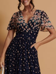 Jolie Moi Navy Blue Mirrored Mesh Angel Sleeve Maxi Dress - Image 6 of 6