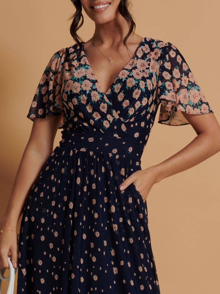 Jolie Moi Navy Blue Mirrored Mesh Angel Sleeve Maxi Dress - Image 6 of 6