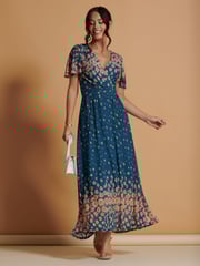 Jolie Moi Blue Mirrored Mesh Angel Sleeve Maxi Dress - Image 1 of 6