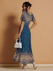 Jolie Moi Blue Mirrored Mesh Angel Sleeve Maxi Dress - Image 2 of 6