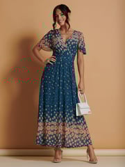 Jolie Moi Blue Mirrored Mesh Angel Sleeve Maxi Dress - Image 4 of 6