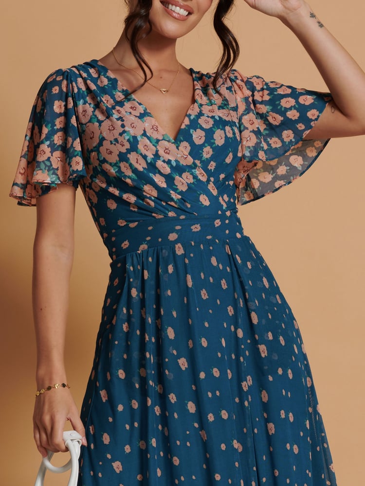 Jolie Moi Blue Mirrored Mesh Angel Sleeve Maxi Dress - Image 6 of 6