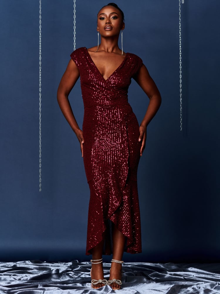 Jolie Moi Red Sequin Wrap Fishtail Maxi Dress - Image 1 of 6