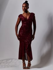 Jolie Moi Red Sequin Wrap Fishtail Maxi Dress - Image 5 of 6