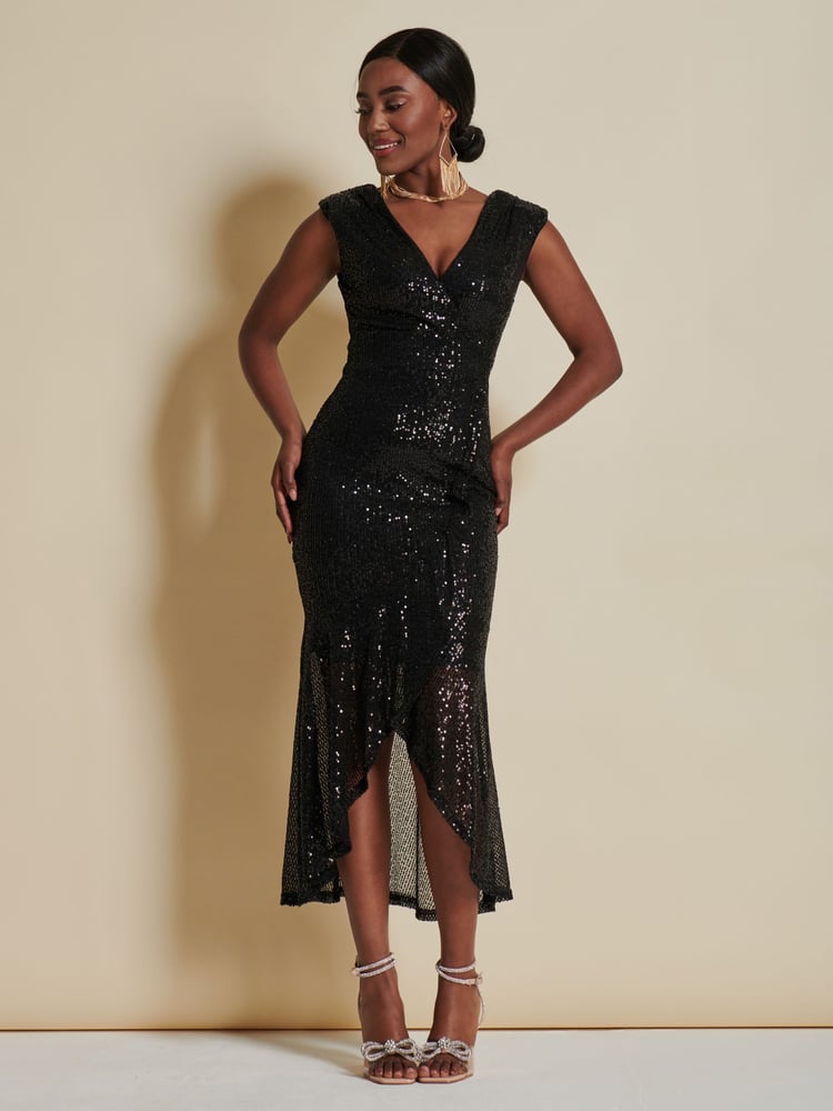 Jolie Moi Black Sequin Wrap Fishtail Maxi Dress - Image 1 of 6