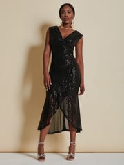 Jolie Moi Black Sequin Wrap Fishtail Maxi Dress - Image 3 of 6