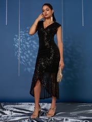 Jolie Moi Black Sequin Wrap Fishtail Maxi Dress - Image 6 of 6