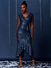 Jolie Moi Blue Sequin Wrap Fishtail Maxi Dress - Image 1 of 6
