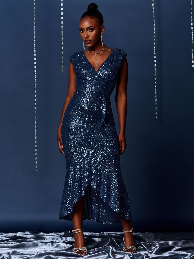 Jolie Moi Blue Sequin Wrap Fishtail Maxi Dress - Image 1 of 6