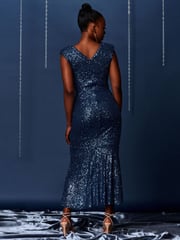 Jolie Moi Blue Sequin Wrap Fishtail Maxi Dress - Image 2 of 6