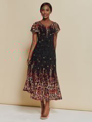 Jolie Moi Red Mirrored Print Lace Maxi Dress - Image 1 of 6