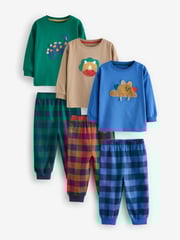 Green/Orange/Blue Dinosaur Check Woven Bottom Pyjamas 3 Pack (9mths-8yrs) - Image 5 of 13