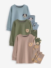 Blue/Brown/Khaki Green Animal 3 Pack Snuggle Pyjamas (9mths-8yrs) - Image 4 of 9