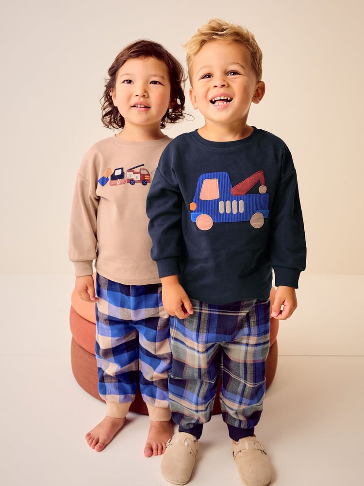 Blue/Neutral Transport Woven Bottom Check Pyjamas 2 Pack (9mths-8yrs) - Image 1 of 11 Blue/Neutral Transport Woven Bottom Check Pyjamas 2 Pack (9mths-8yrs) - Image 1 of 11