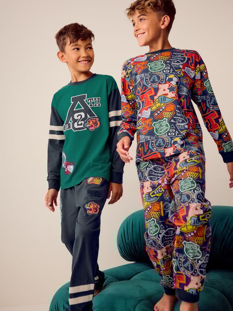 Blue/Green Varsity 2 Pack 100% Cotton Long Sleeve Pyjamas (3-16yrs) - Image 1 of 11
