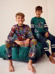 Blue/Green Varsity 2 Pack 100% Cotton Long Sleeve Pyjamas (3-16yrs) - Image 2 of 11