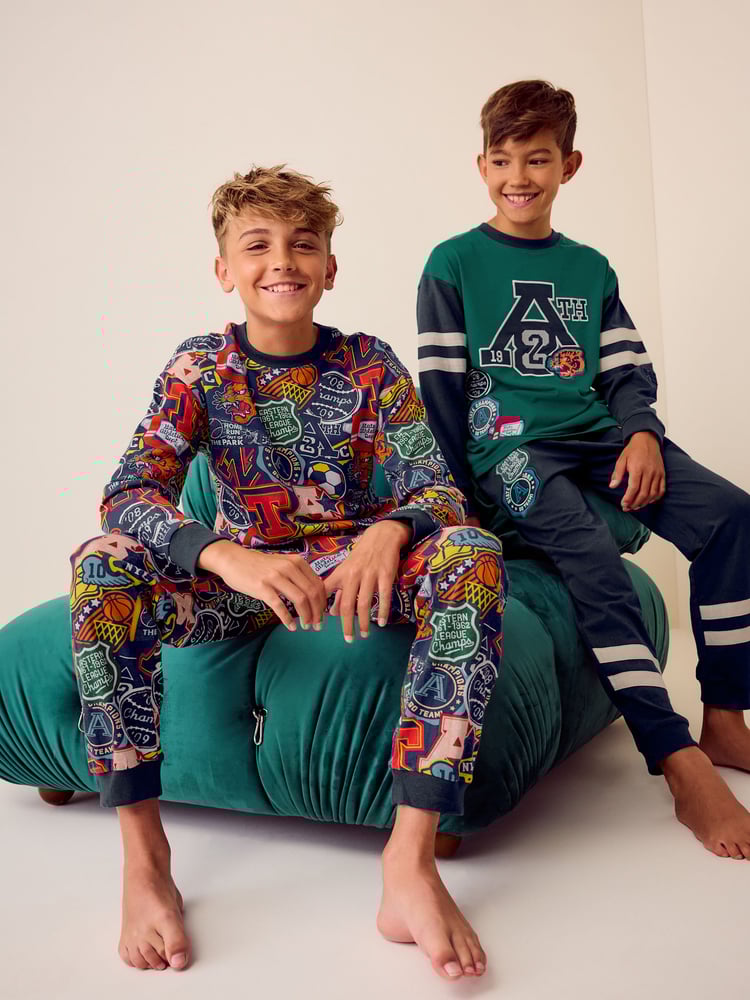 Blue/Green Varsity 2 Pack 100% Cotton Long Sleeve Pyjamas (3-16yrs) - Image 2 of 11
