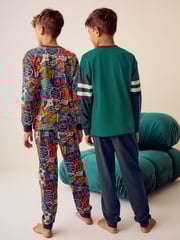 Blue/Green Varsity 2 Pack 100% Cotton Long Sleeve Pyjamas (3-16yrs) - Image 3 of 11