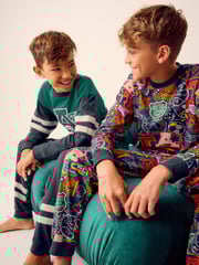 Blue/Green Varsity 2 Pack 100% Cotton Long Sleeve Pyjamas (3-16yrs) - Image 4 of 11