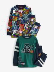 Blue/Green Varsity 2 Pack 100% Cotton Long Sleeve Pyjamas (3-16yrs) - Image 5 of 11