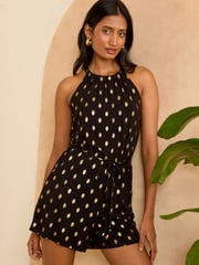 Love & Roses Black Dash Foil Halter Neck Jersey Playsuit - Image 1 of 4