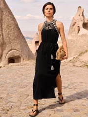 Love & Roses Black Crochet Trim Halterneck Textured Belted Jersey Midi Dress - Image 1 of 4