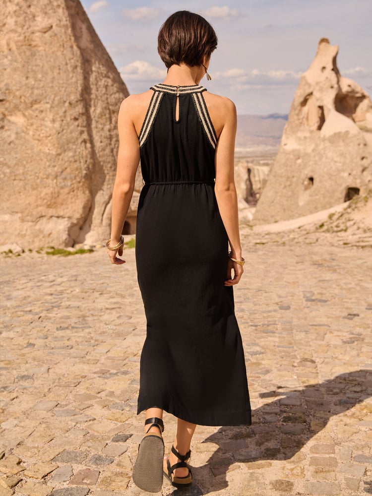Love & Roses Black Crochet Trim Halterneck Textured Belted Jersey Midi Dress - Image 2 of 4