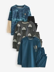 Blue/Grey Tie Dye Mock Sleeve Skateboard Long Sleeve Pyjamas 3 Pack (4-16yrs) - Image 4 of 9