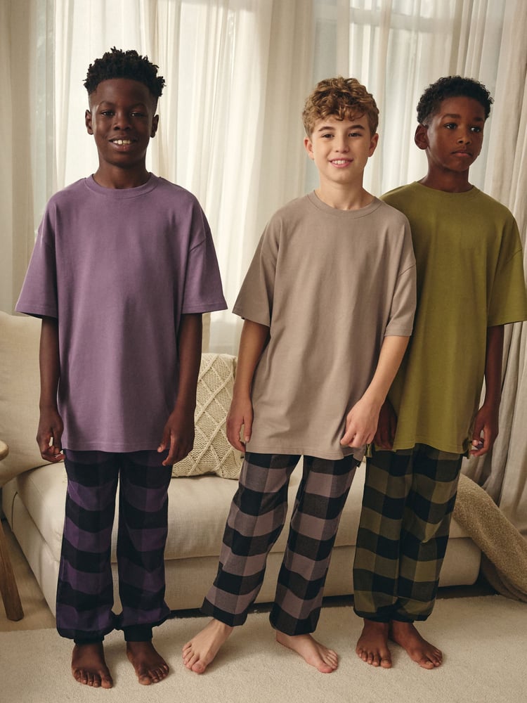 Purple/Neutral/Citrine Yellow Short Sleeve Woven Bottom 100% Cotton Pyjamas 3 Pack (3-16yrs) - Image 1 of 9 Purple/Neutral/Citrine Yellow Short Sleeve Woven Bottom 100% Cotton Pyjamas 3 Pack (3-16yrs) - Image 1 of 9