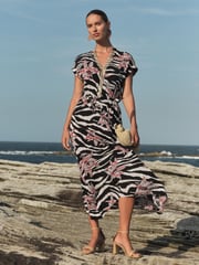 Love & Roses Black Zebra Sequin Trim Hanky Hem Short Sleeve Midi Dress - Image 1 of 4