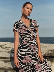 Love & Roses Black Zebra Sequin Trim Hanky Hem Short Sleeve Midi Dress - Image 2 of 4