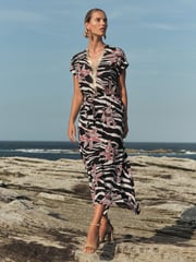 Love & Roses Black Zebra Sequin Trim Hanky Hem Short Sleeve Midi Dress - Image 4 of 4
