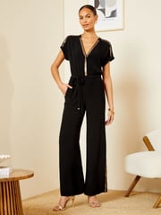Love & Roses Black Petite Sequin Trim Roll Sleeve Wide Leg Jumpsuit - Image 1 of 4