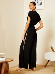 Love & Roses Black Petite Sequin Trim Roll Sleeve Wide Leg Jumpsuit - Image 2 of 4