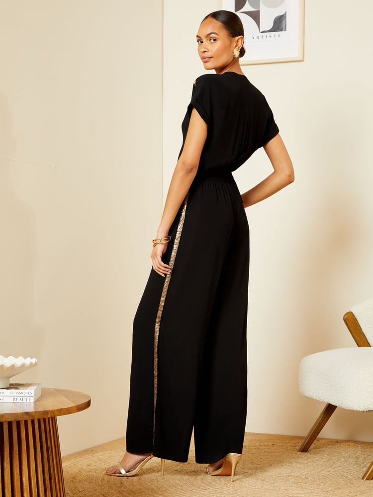 Love & Roses Black Petite Sequin Trim Roll Sleeve Wide Leg Jumpsuit - Image 2 of 4