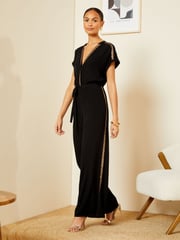 Love & Roses Black Petite Sequin Trim Roll Sleeve Wide Leg Jumpsuit - Image 3 of 4