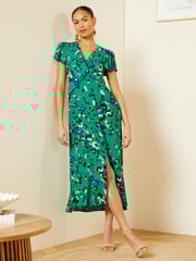 Love & Roses Green Animal Twist Detail V Neck Front Split Midi Dress - Image 1 of 4