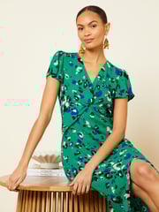 Love & Roses Green Animal Twist Detail V Neck Front Split Midi Dress - Image 4 of 4