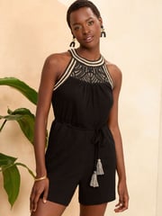 Love & Roses Black And White Crochet Halter Neck Jersey Playsuit - Image 1 of 4