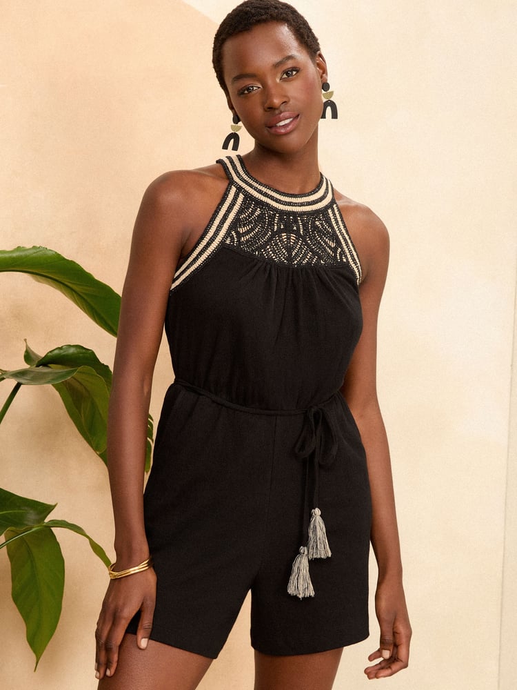 Love & Roses Black And White Crochet Halter Neck Jersey Playsuit - Image 1 of 4