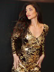 Pour Moi Black/ Gold Fuller Bust Selena Velvet Sequin Mini Dress - Image 3 of 5