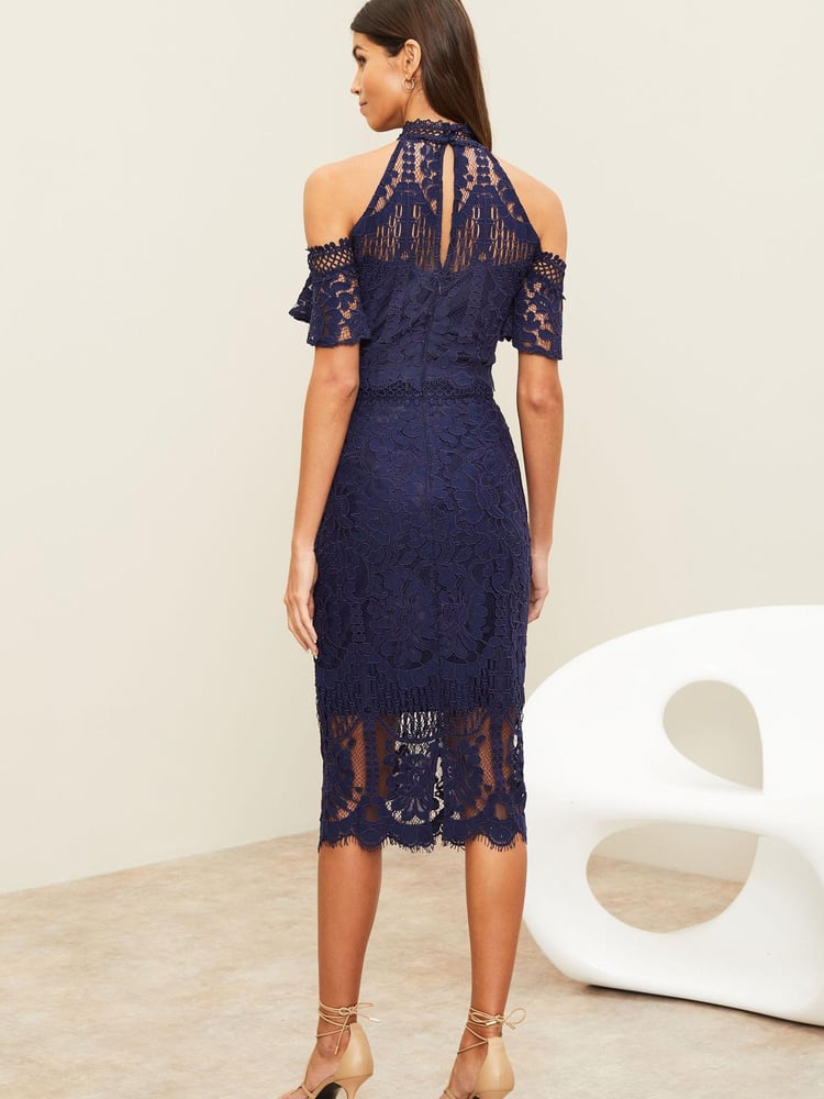 Lipsy Navy Premium Lace High Neck Cold Shoulder Midi Dress - Image 2 of 4 Lipsy Navy Premium Lace High Neck Cold Shoulder Midi Dress - Image 2 of 4