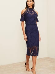Lipsy Navy Premium Lace High Neck Cold Shoulder Midi Dress - Image 3 of 4