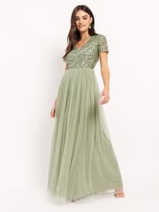 Maya Green V Neck Short Sleeve Sequin Maxi Dress - Image 1 of 4