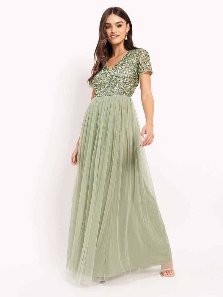 Maya Green V Neck Short Sleeve Sequin Maxi Dress - Image 1 of 4