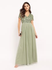 Maya Green V Neck Short Sleeve Sequin Maxi Dress - Image 3 of 4