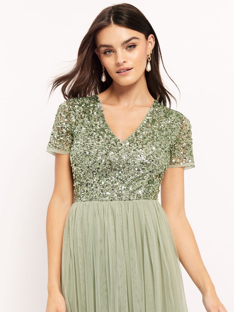 Maya Green V Neck Short Sleeve Sequin Maxi Dress - Image 4 of 4 Maya Green V Neck Short Sleeve Sequin Maxi Dress - Image 4 of 4