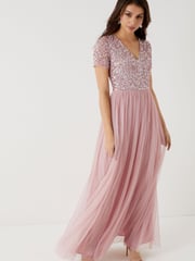 Maya Pink Petite V Neck Short Sleeve Sequin Maxi Dress - Image 1 of 4