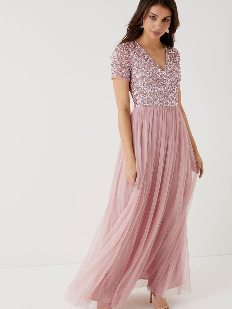 Maya Pink Petite V Neck Short Sleeve Sequin Maxi Dress - Image 1 of 4 Maya Pink Petite V Neck Short Sleeve Sequin Maxi Dress - Image 1 of 4